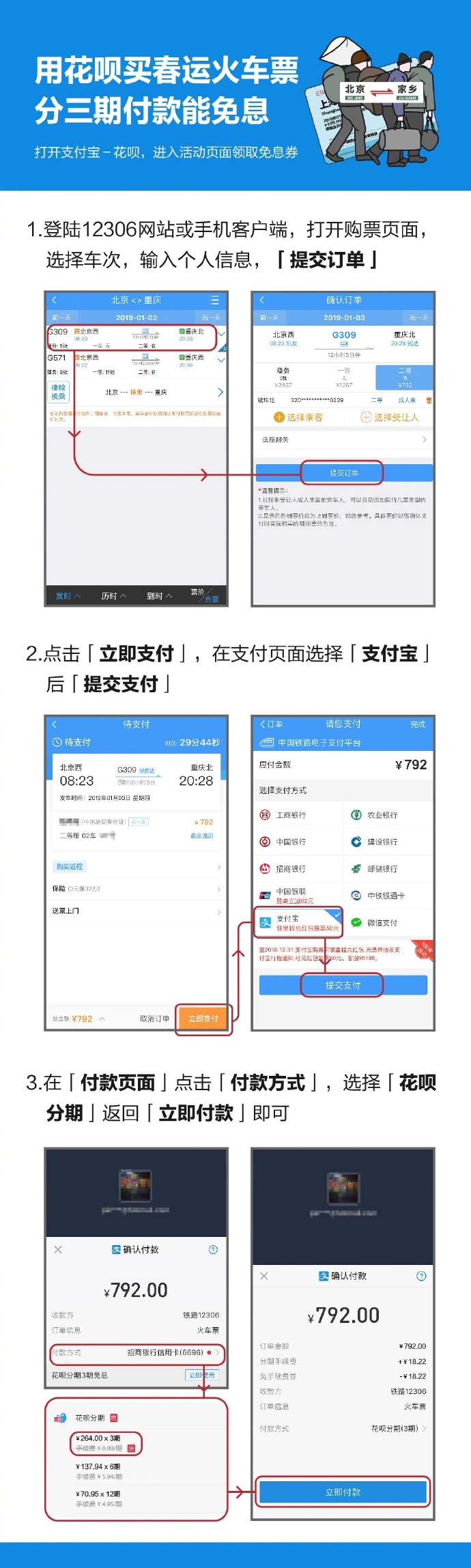 支付寶：春運火車票支持花唄免息分期購買